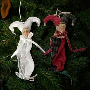 2 Jester Ornaments Vintage Satin‎ Hard Faces Bow Time Bags Christmas Holiday Vtg